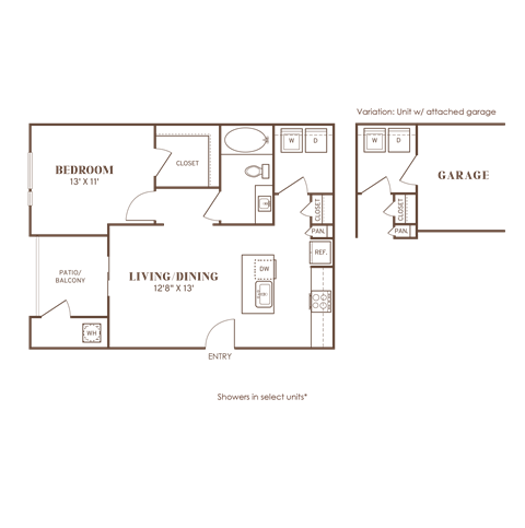 Floor plan for 1 bed, 1 bath, 729 sqft